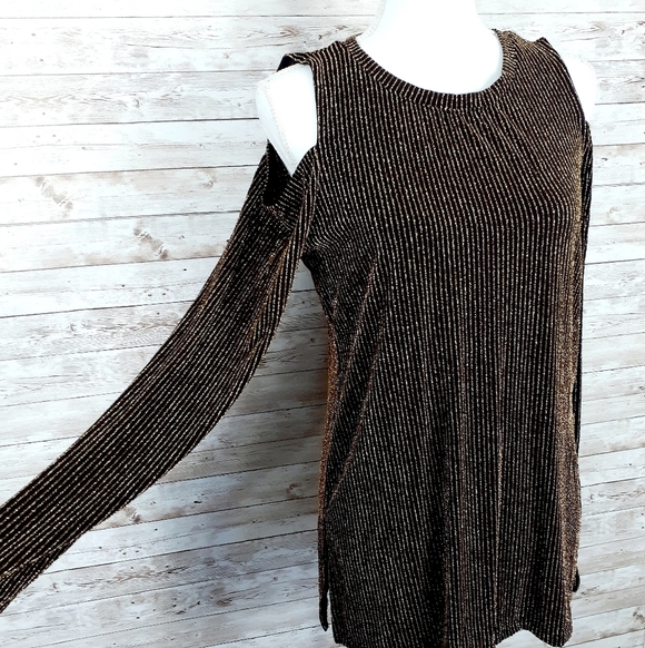 Michael Kors Cold Shoulder Top M Gold Black 198 - Picture 6 of 6